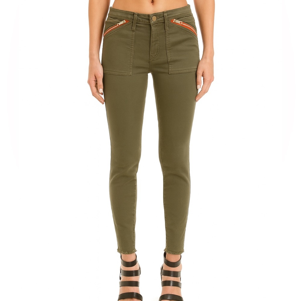 Etienne Marcel Olive Skinny Jeans | Red Zipper Pockets Raw Hem | Size 30